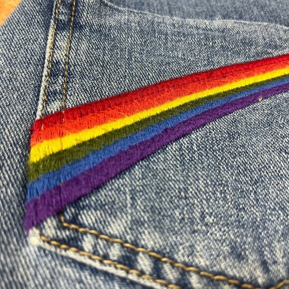 Forever 21 Denim Rainbow Mini‎ Skirt Womens M Button Fly Pride Hippie Festival - Picture 4 of 8